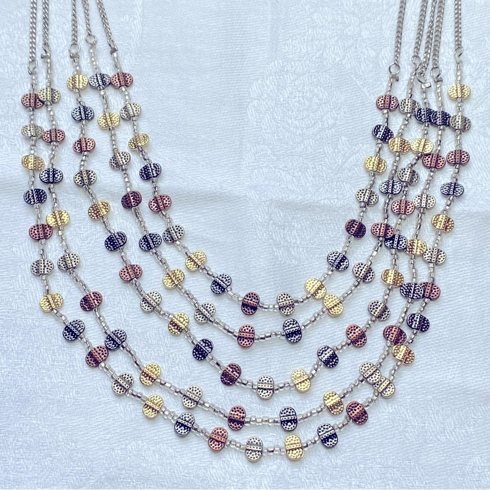 Christopher & Banks Multi-Strand Layered Tri-Color Metal Flat Beaded Necklace